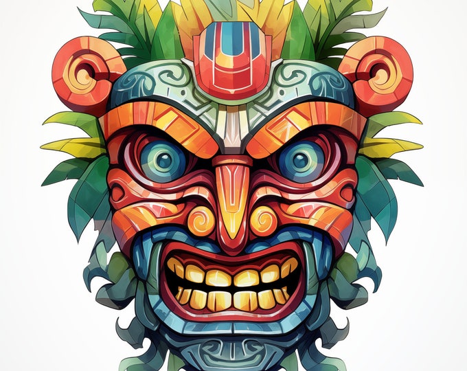 Tiki Mask Clipart, Hawaiian Tiki Mask Images, 10 Watercolor Clip Art, Printable JPGs, Instant Download, Commercial Use, Paper craft