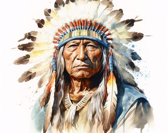 Native American Chief Watercolor Art: Indigenous Elder Portrait (Printable JPGs, Commercial Use