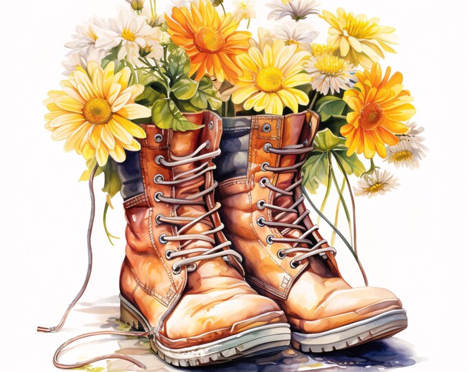 Garden Boots Clipart, Floral Shoe Images, 10 Watercolor Clip Art, Printable JPGs, Instant Download, Commercial Use, Paper craft