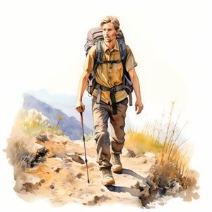 Clipart di uomo che fa escursioni, viaggiatore, immagini di escursionista, 10 clipart di acquerelli, JPG stampabili, download immediato, uso commerciale, artigianato di carta