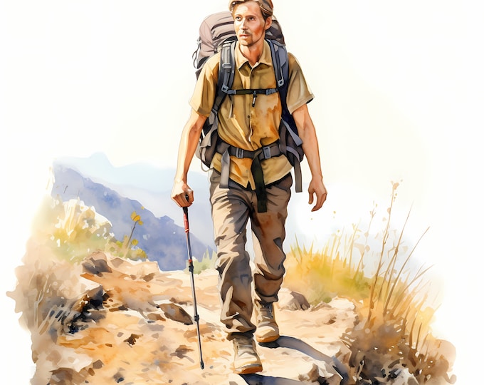 Man Hiking Clipart, Traveler, Hiker Images, 10 Watercolor Clip Art, Printable JPGs, Instant Download, Commercial Use, Paper craft