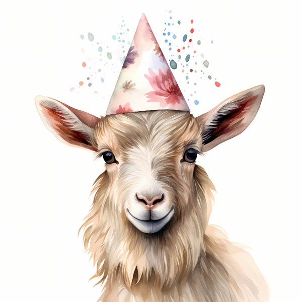 Goat with Party Hat, Farmyard Goat - Watercolor Clipart Set with 10 JPG Images - Instant Download, Commercial Use, Digital Prints