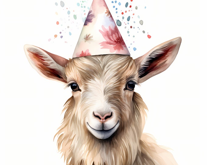 Goat Clipart, Goat with Party Hat Images, 10 Watercolor Clip Art, Printable JPGs, Instant Download, Commercial Use, Paper craft