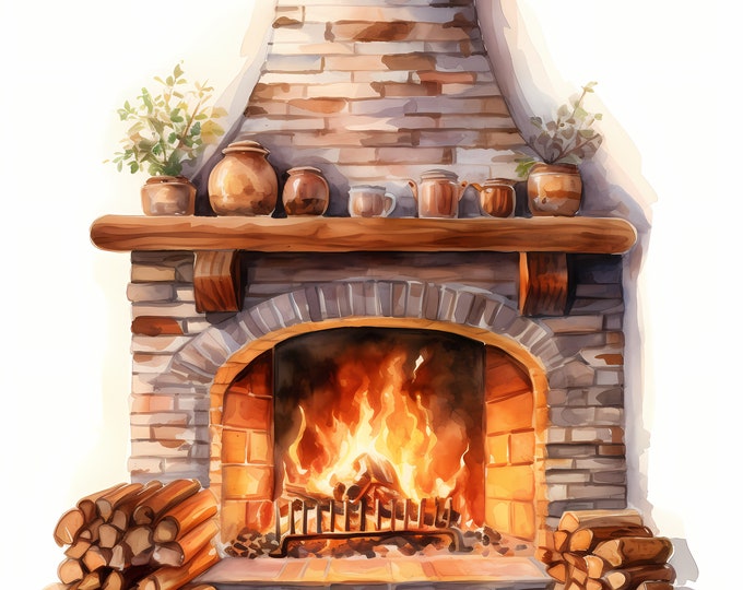 Fireplace Clipart, Christmas Fireplace Images, 10 Watercolor Clip Art, Printable JPGs, Instant Download, Commercial Use, Paper craft
