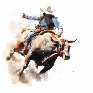 Rodeo Clipart, Cowboy Riding a Bull Images, 10 Watercolor Clip Art ...