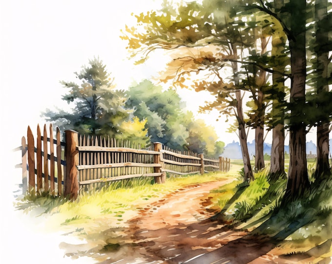Farm Fence Clipart, Countryside Field Images, 10 Watercolor Clip Art, Printable JPGs, Instant Download, Commercial Use, Paper Craft