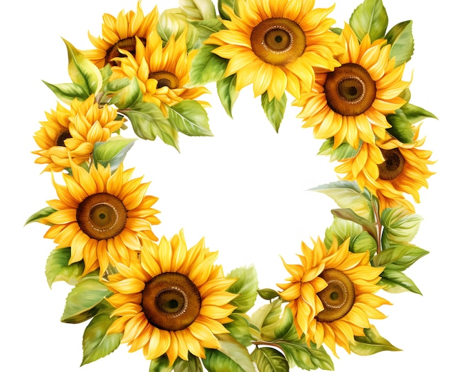 Sunflowers Clipart, Sunflower Wreath Images, 10 Watercolor Clip Art, Printable JPGs, Instant Download, Commercial Use, Paper craft