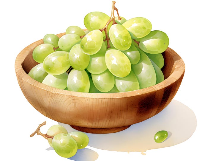 Green Grapes Clipart, Grapes On Wooden Bowl Images, 10 Watercolor Clip Art, Printable JPGs, Instant Download, Commercial Use, Paper craft