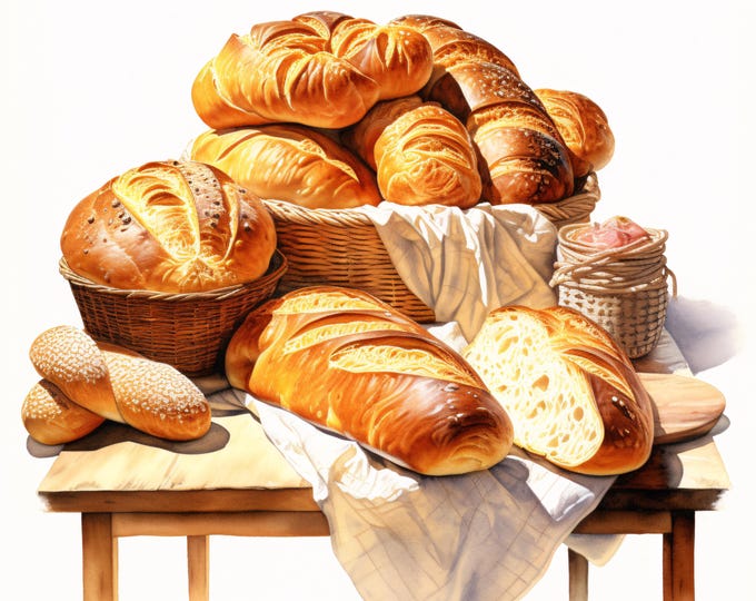 French Pastries Clipart, Croissant and Bread Images, 10 Watercolor Clip Art, Printable JPGs, Instant Download, Commercial Use, Paper craft