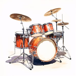 Drum Set Clipart, Music Instrument Images, 10 Watercolor Clip Art, Printable JPGs, Instant Download, Commercial Use, Paper Craft