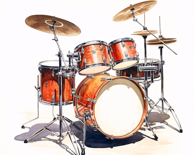 Drum Set Clipart, Music Instrument Images, 10 Watercolor Clip Art, Printable JPGs, Instant Download, Commercial Use, Paper Craft