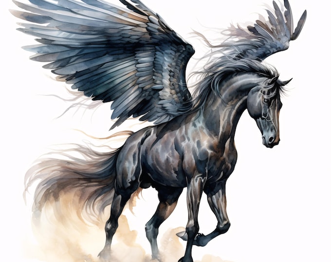 Pegasus Clipart, Black Winged Horse Images, 10 Watercolor Clip Art, Printable JPGs, Instant Download, Commercial Use, Paper Craft