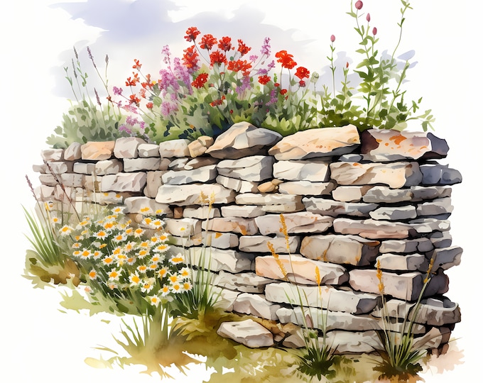 Stone Wall Clipart, Wildflowers Stoned Walls Images, 10 Watercolor Clip Art, Printable JPGs, Instant Download, Commercial Use, Paper craft