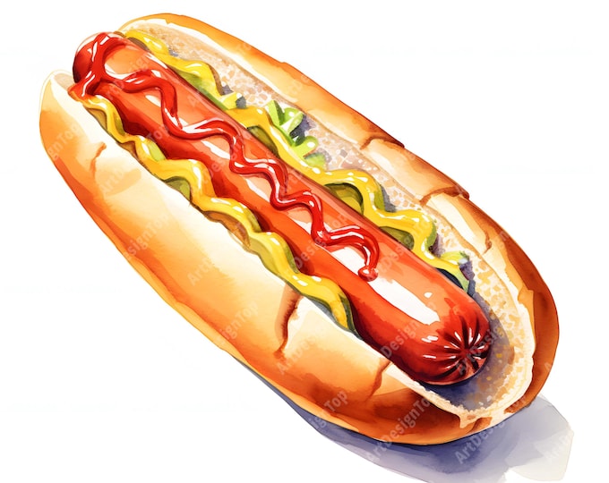Hot Dogs Clipart, American Fast Food Images, 10 Watercolor Clip Art, Printable JPGs, Instant Download, Commercial Use, Paper craft