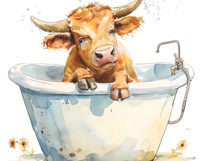 Bull in Bathtub Clipart, Highland Cow Washing Images, 10 Watercolor Clip Art, Printable JPGs, Instant Download, Commercial Use, Paper craft