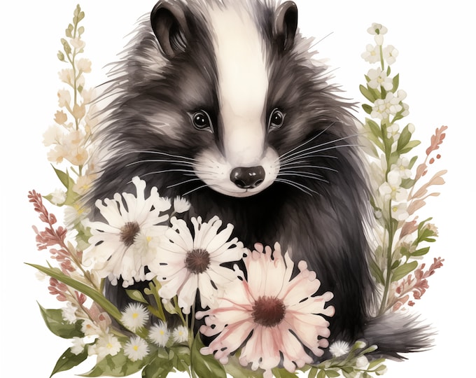 Skunk Clipart, Skunk with Flowers Images, 10 Watercolor Clip Art, Printable JPGs, Instant Download, Commercial Use, Paper craft