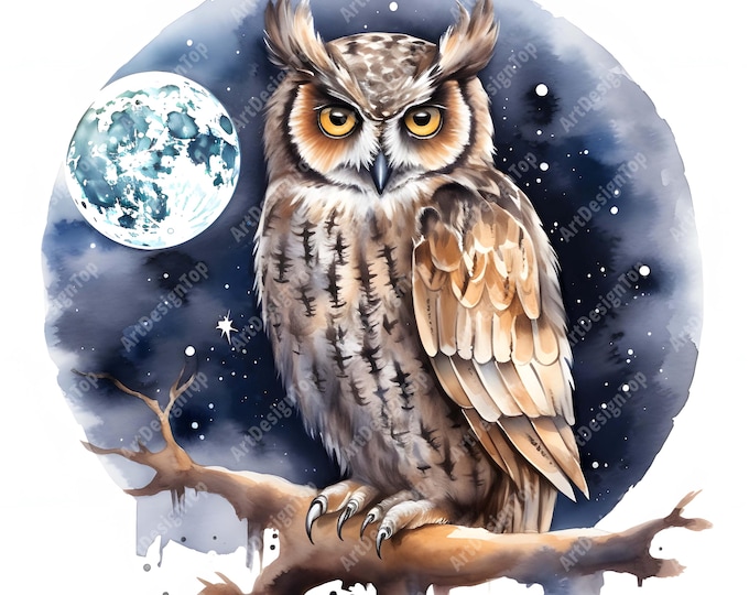 Owl Moon Clipart, Owl Before Moon Images, 10 Watercolor Clip Art, Printable JPGs, Instant Download, Commercial Use, Paper craft