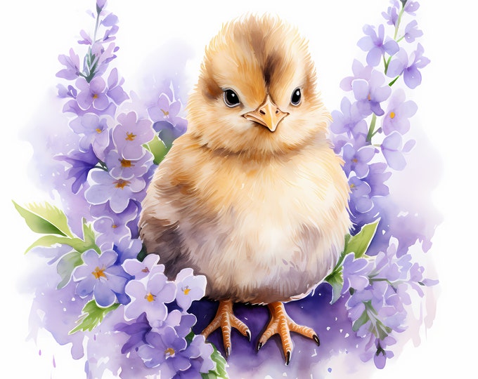 Chick Clipart, Chick with Flowers Images, 10 Watercolor Clip Art, Printable JPGs, Instant Download, Commercial Use, Paper craft
