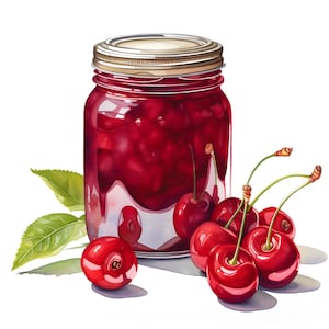 Cherry Jam Clipart, Jam With Cherry Images, 10 Watercolor Clip Art, Printable JPGs, Instant Download, Commercial Use, Paper craft