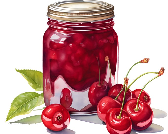 Cherry Jam Clipart, Jam With Cherry Images, 10 Watercolor Clip Art, Printable JPGs, Instant Download, Commercial Use, Paper craft