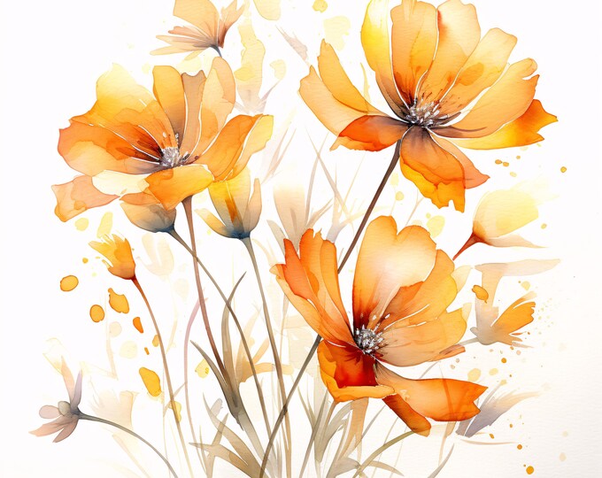 Watercolor Orange Flowers Clipart: Abstract Floral JPGs (Commercial Use, Instant Download)