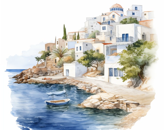 Greece Seaside Clipart, Greece Landscape Images, 10 Watercolor Clip Art, Printable JPGs, Instant Download, Commercial Use, Paper craft
