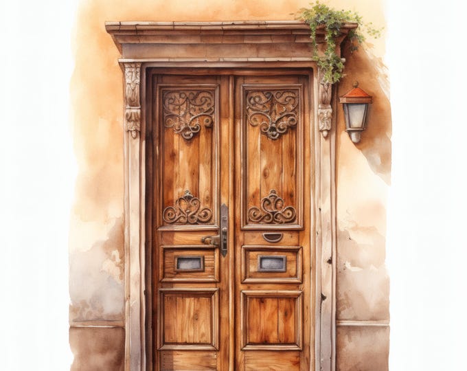 Old Wooden Door Clipart, Vintage Door Images, 10 Watercolor Clip Art, Printable JPGs, Instant Download, Commercial Use, Paper craft