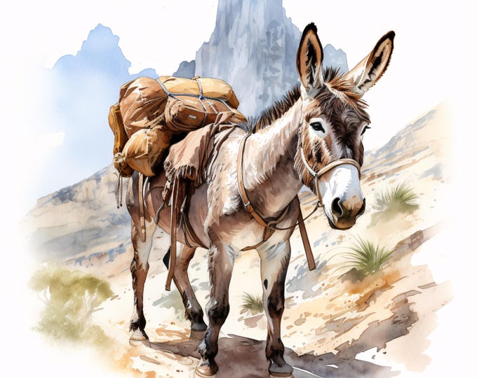 Watercolor Donkey Clipart: Mountain Pack Animal Art (Commercial Use, JPGs, Digital Download