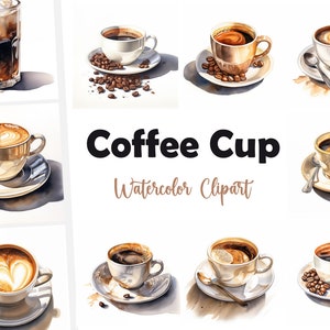 Clipart koffiekopje, koffieafbeeldingen, 10 aquarelillustraties, afdrukbare JPG's, Instant Download, Commercieel gebruik, Papercraft