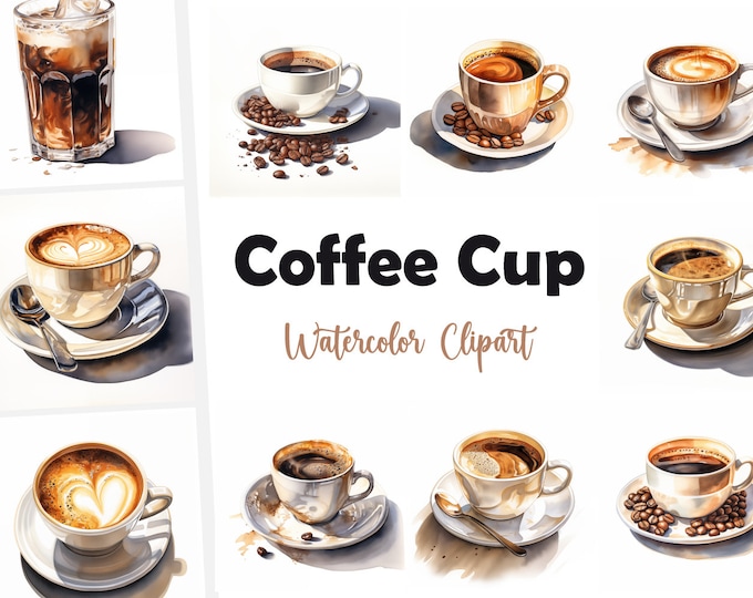 Coffee Cup Clipart, Coffee Images, 10 Watercolor Clip Art, Printable JPGs, Instant Download, Commercial Use, Paper craft