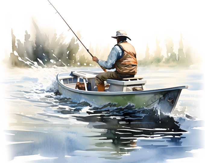 Fishing Landscape Clipart, Boat Fishing Images, 10 Watercolor Clip Art, Printable JPGs, Instant Download, Commercial Use, Paper craft