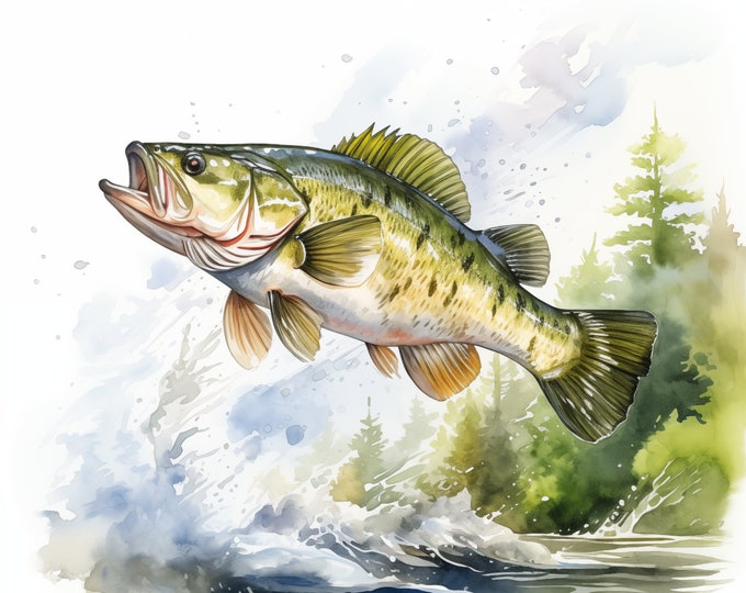 Bass Fish Clipart, Jumping Bass Images, 10 Watercolor Clip Art, Printable JPGs, Instant Download, Commercial Use, Paper craft