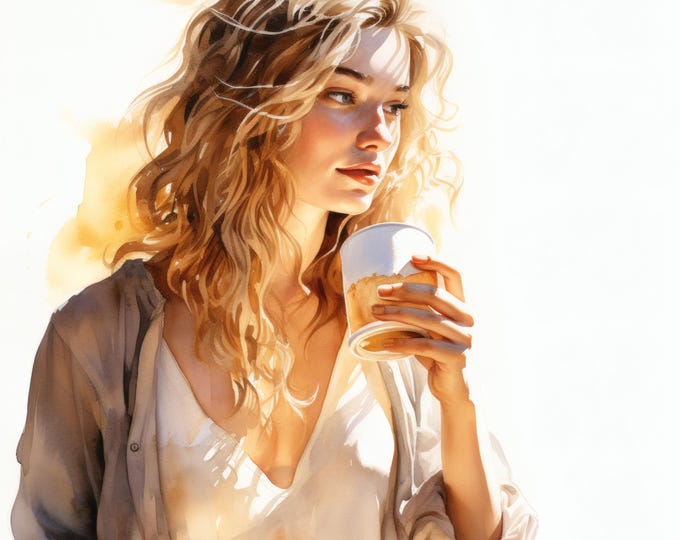 Coffee Girl Clipart, Morning Relax Images, 10 Watercolor Clip Art, Printable JPGs, Instant Download, Commercial Use, Paper Craft