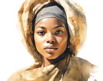 Watercolor African Woman Clipart: Printable Portrait (JPGs, Commercial Use)