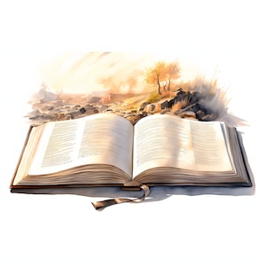 May include: An open book with a brown leather cover and pages filled with text. The book is lying open on a white surface with a blurred background of a landscape with trees and rocks.