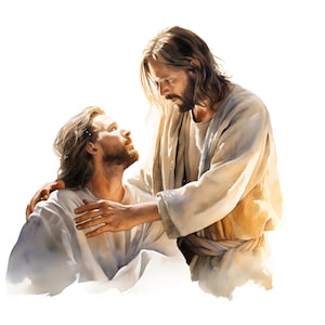 Puede incluir: Una pintura de dos hombres, uno con el pelo largo y castaño y barba, vistiendo una túnica blanca, con el brazo alrededor del otro hombre, que lo mira hacia arriba. El hombre con la barba lleva una túnica blanca con una faja marrón.