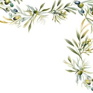 Clipart de bordure de feuilles d'olivier, images de cadre de feuilles vertes, 10 cliparts aquarelle, fichiers JPG imprimables, téléchargement immédiat, usage commercial