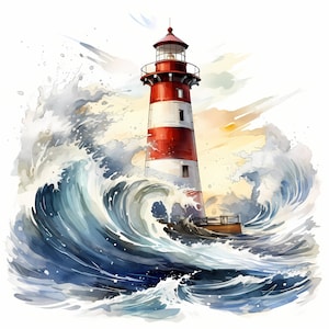 Clipart phare de mer, phare en images de tempête, 10 images clipart aquarelle, fichiers JPG imprimables, téléchargement immédiat, usage commercial, créations en papier