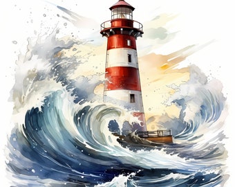 May include: Watercolor painting of a lighthouse with red and white stripes, standing amidst a turbulent sea. The lighthouse is topped with a red lantern room. The waves are depicted in shades of blue and white, creating a dramatic scene.