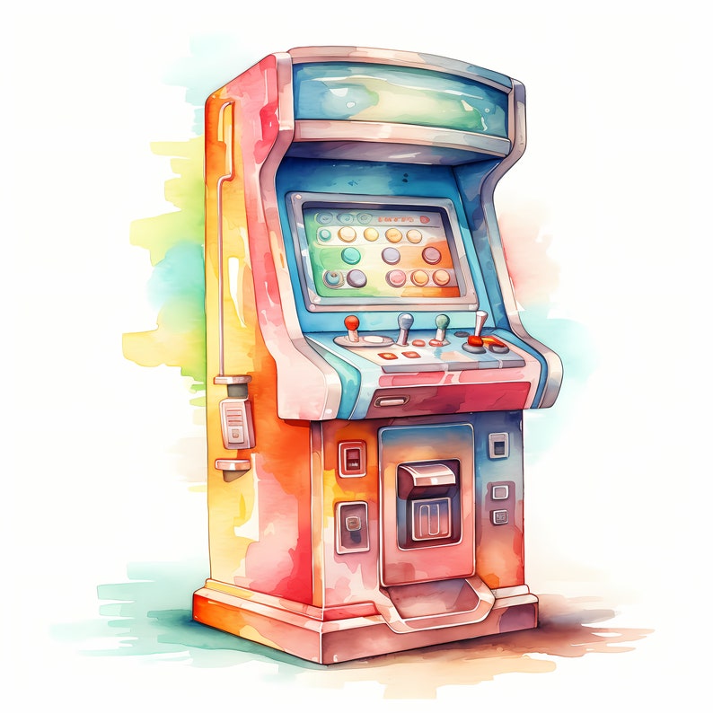 Arcade Game, Arcade Machine, Retro Gaming Watercolor Clipart Set With ...