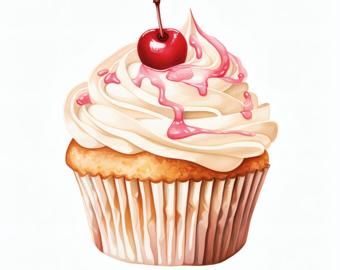 Cupcake Clipart, Fruit Dessert Images, 10 Watercolor Clip Art, Printable JPGs, Instant Download, Commercial Use, Paper craft