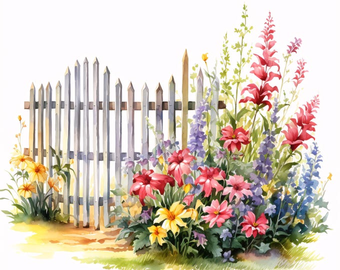 Garden Fence Clipart, Floral Border Images, 10 Watercolor Clip Art, Printable JPGs, Instant Download, Commercial Use, Paper craft