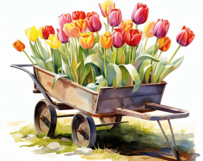 Tulips in Wheelbarrow Clipart, Garden Flowers Images, 10 Watercolor Clip Art, Printable JPGs, Instant Download, Commercial Use, Paper craft