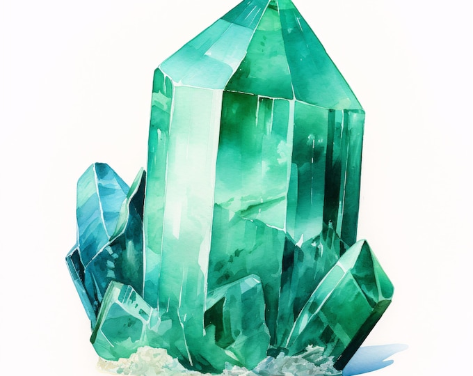 Watercolor Emerald Crystal Clipart: Green Gemstone JPG Images (Commercial Use, Digital Download