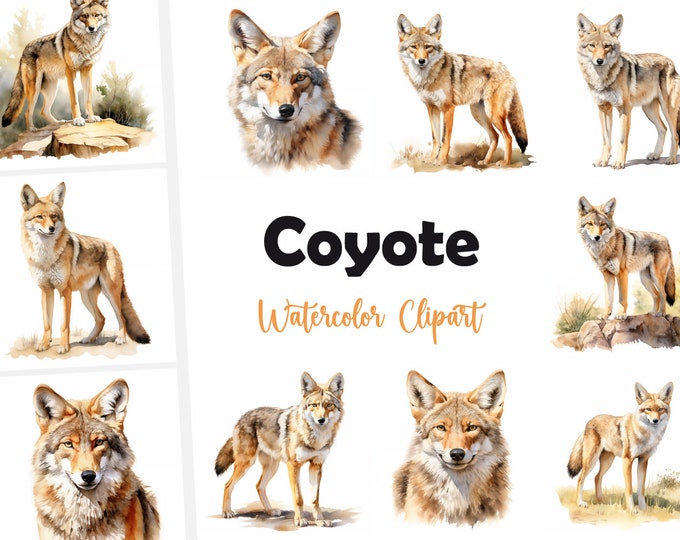 Coyote Clipart, Coyote Images, 10 Watercolor Clip Art, Printable JPGs, Instant Download, Commercial Use, Paper craft
