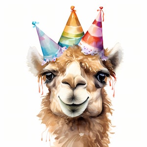 Clipart de camelo, imagens de camelo com chapéu de festa, 10 clipart em aquarela, JPGs para impressão, download instantâneo, uso comercial, artesanato em papel