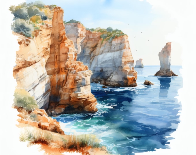 Portuguese Cliffs Clipart, Coastal Landscape Images, 10 Watercolor Clip Art, Printable JPGs, Instant Download, Commercial Use, Paper craft