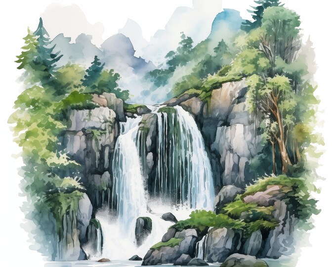 Waterfall Clipart, Forest Water Fall Images, 10 Watercolor Clip Art, Printable JPGs, Instant Download, Commercial Use, Paper craft