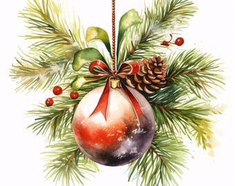 Watercolor Christmas Clipart: Holiday Lanterns, Wreaths (JPG Instant Download, Commercial Use)