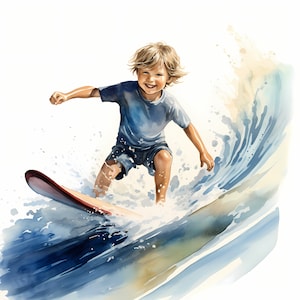 Imágenes prediseñadas de surf infantil, imágenes de surfistas jóvenes, 10 imágenes prediseñadas de acuarela, JPG imprimibles, descarga instantánea, uso comercial, artesanía de papel